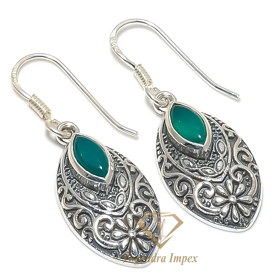 Fashion Wholesale Marquise Shaped Green Onyx Gemstone Handmade 925 Solid Sterling Silver Jewelry Earrings