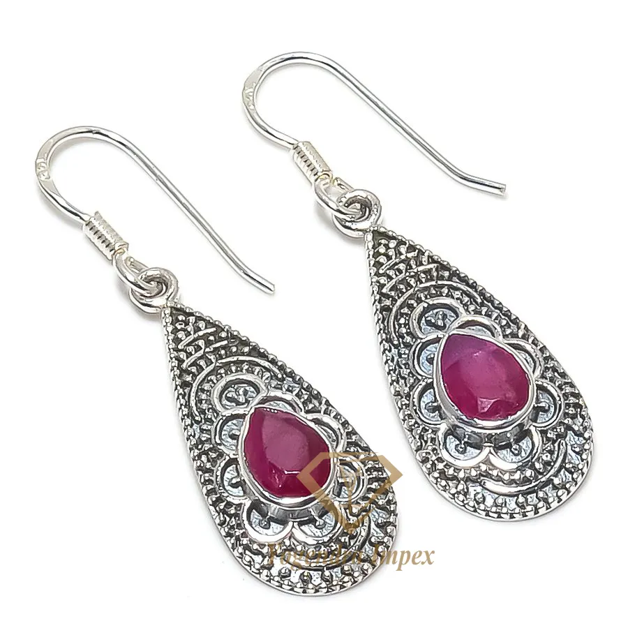 Beautifully Designed Handmade Natural Pear shaped Red Ruby Gemstone 925 Solid Sterling Silver Jewelry Earrings