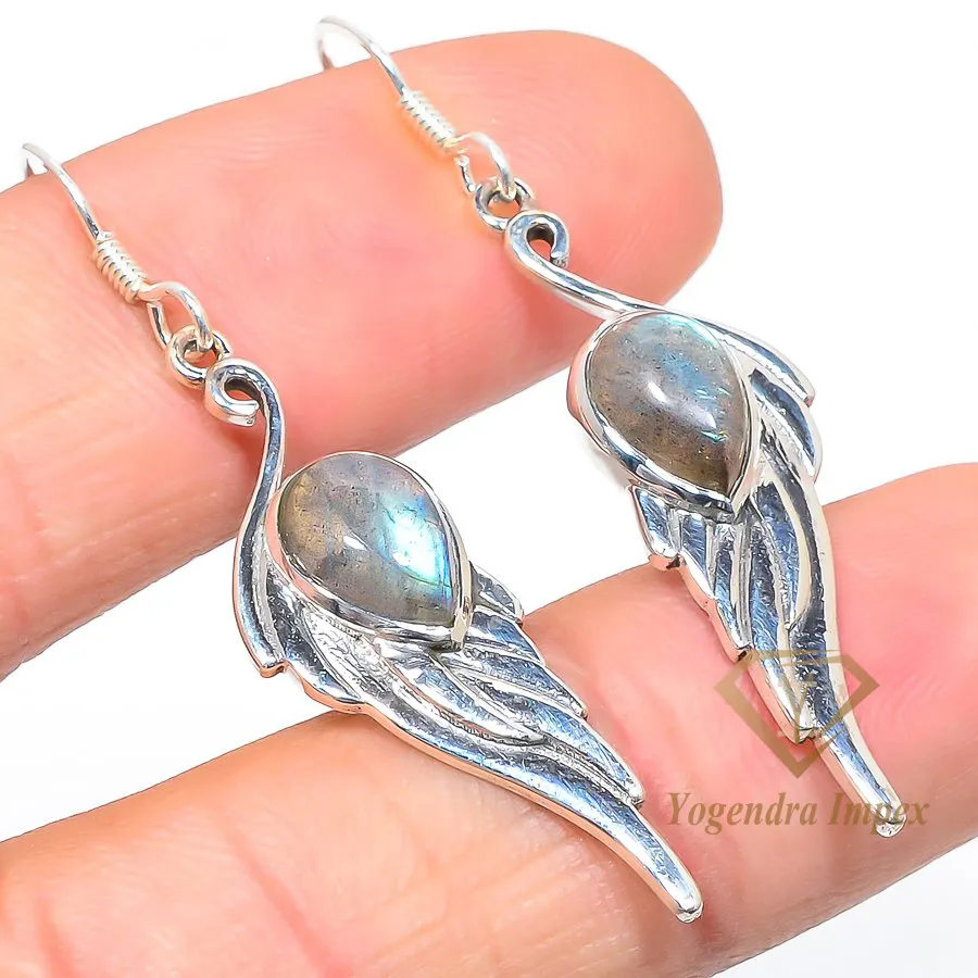 Lovely Fashion Handmade Natural Pear Shaped Labradorite Gemstone 925 Solid Sterling Silver Jewelry Earrings