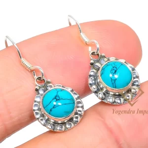 Classic Statement Howlite Turquoise Round Shaped Gemstone 925 Solid Sterling Silver Jewelry Earrings