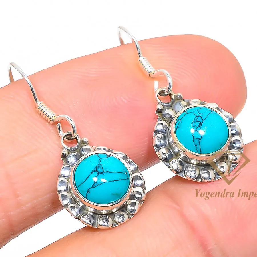Classic Statement Howlite Turquoise Round Shaped Gemstone 925 Solid Sterling Silver Jewelry Earrings