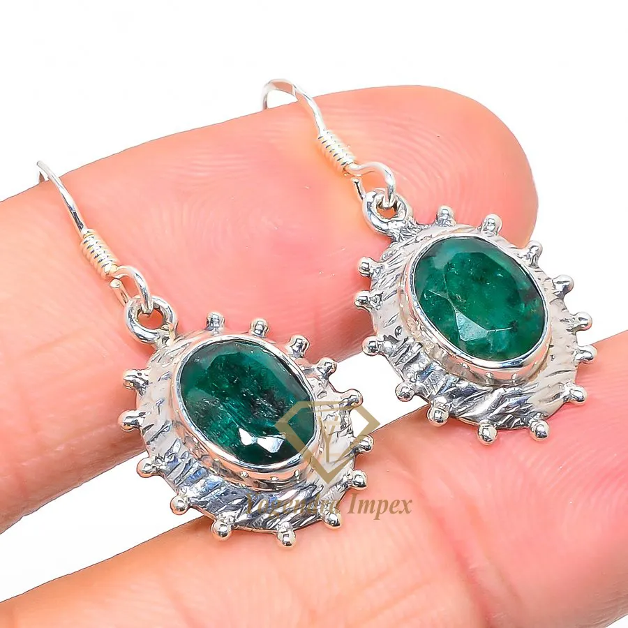 Best Selling Natural Handmade Emerald Gemstone 925 Solid Sterling Silver Jewelry Fashion Earrings