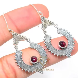 Fashion Wholesale Handmade Garnet Round Shaped Gemstone 925 Solid Sterling Silver Jewelry Earrings