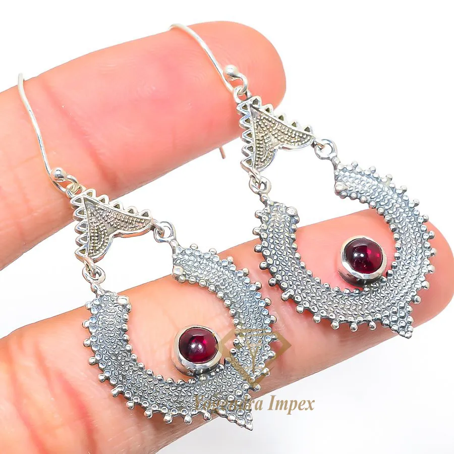 Fashion Wholesale Handmade Garnet Round Shaped Gemstone 925 Solid Sterling Silver Jewelry Earrings