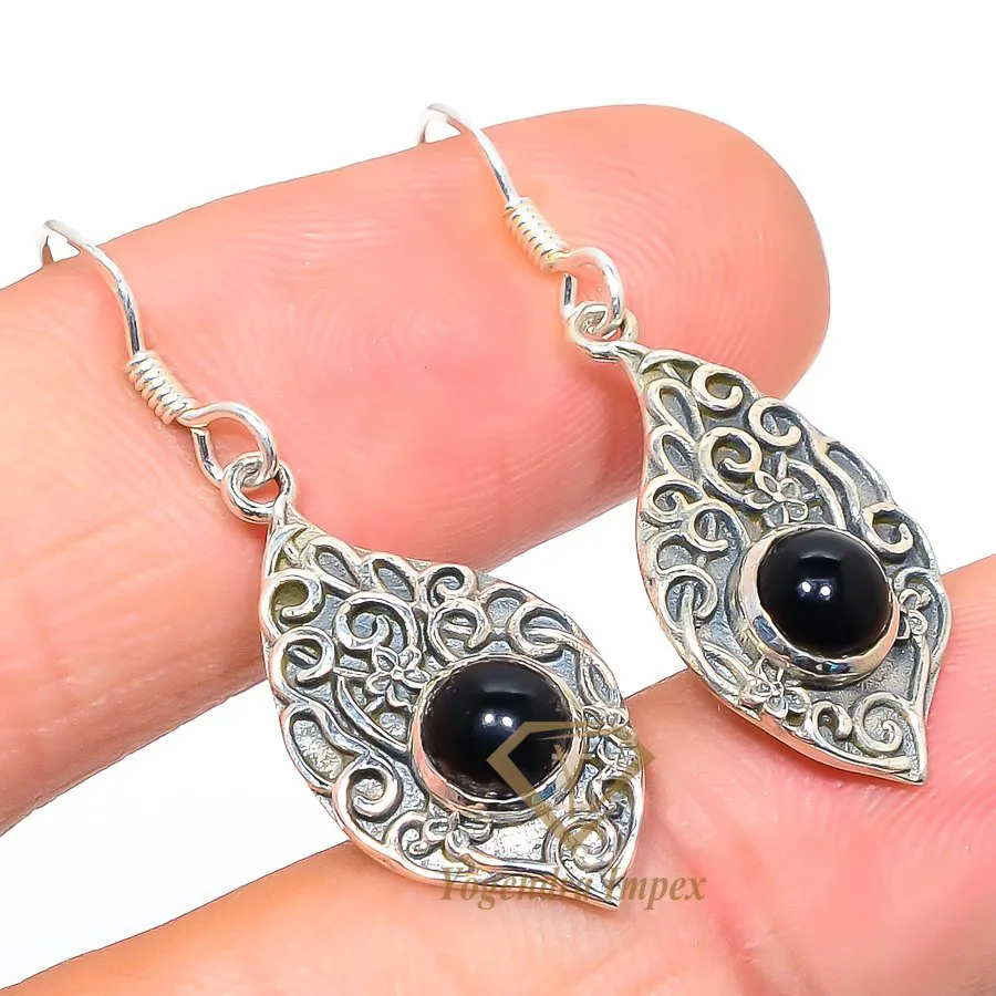 Natural Handmade Black Onyx Gemstone Handmade 925 Solid Sterling Silver Jewelry Earrings Accessory