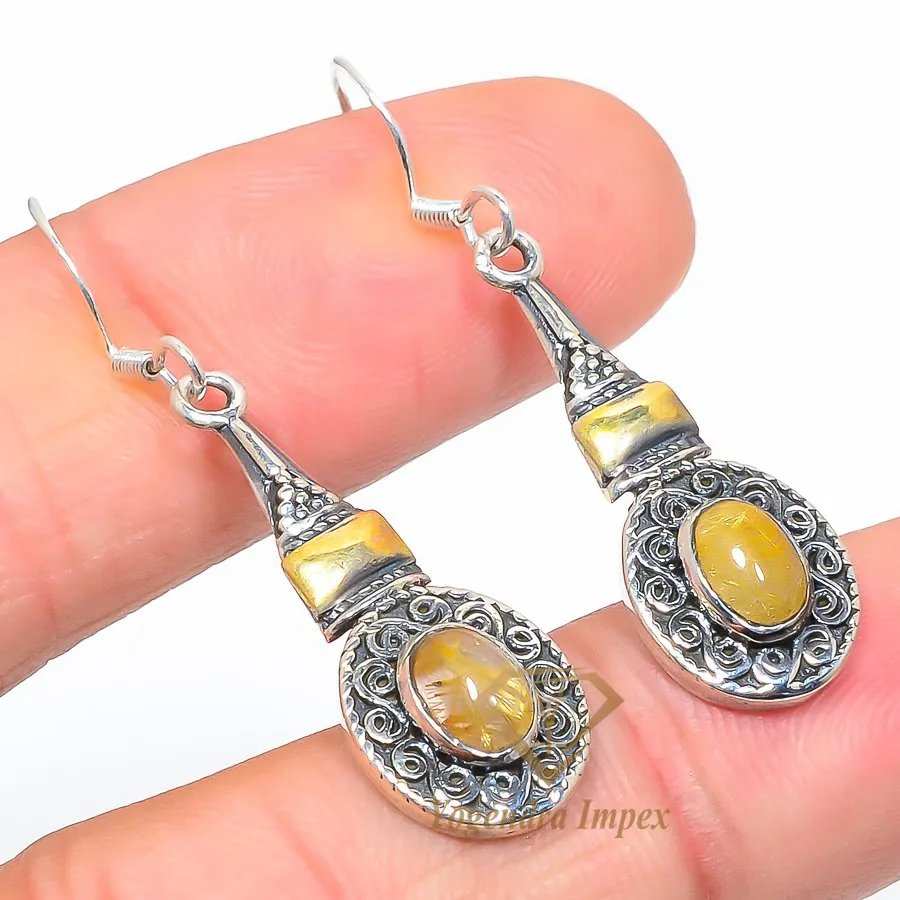 Handmade Natural Golden Rutile Gemstone 925 Solid Sterling Silver Jewelry Drop & Dangle Earrings