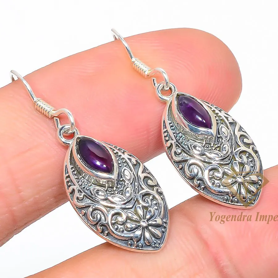 Handmade Natural Amethyst Marquise Shaped Gemstone 925 Solid Sterling Silver Jewelry Earrings For Women