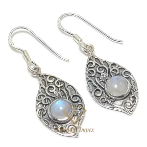 Handmade Natural White Color Round Shaped Rainbow Moonstone Gemstone 925 Solid Sterling Silver Jewelry Earrings