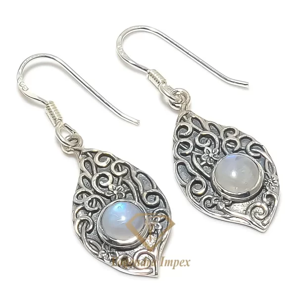 Handmade Natural White Color Round Shaped Rainbow Moonstone Gemstone 925 Solid Sterling Silver Jewelry Earrings