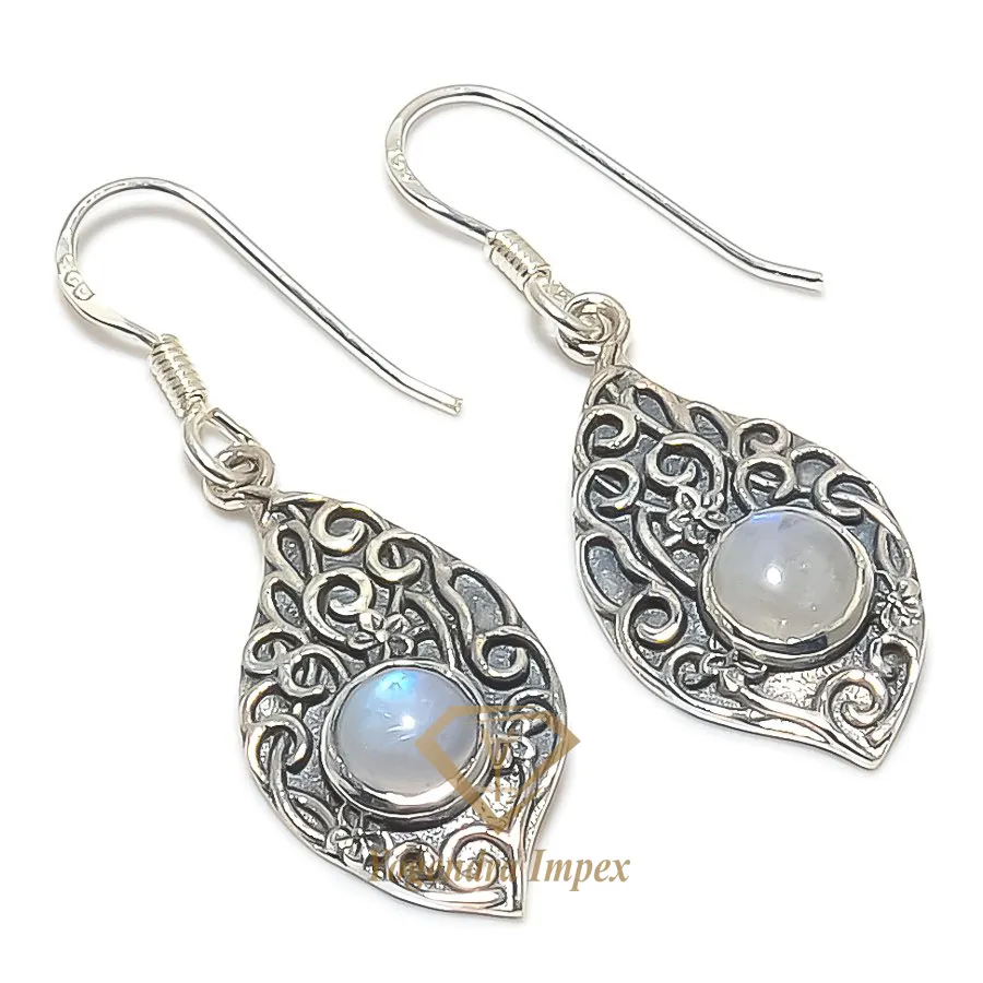 Handmade Natural White Color Round Shaped Rainbow Moonstone Gemstone 925 Solid Sterling Silver Jewelry Earrings