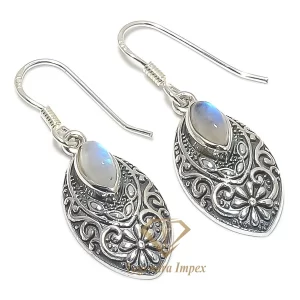 Natural Gemstone Rainbow Moonstone Marquise shaped Cabochon Cut Gemstone 925 Solid Sterling Silver Jewelry Earrings