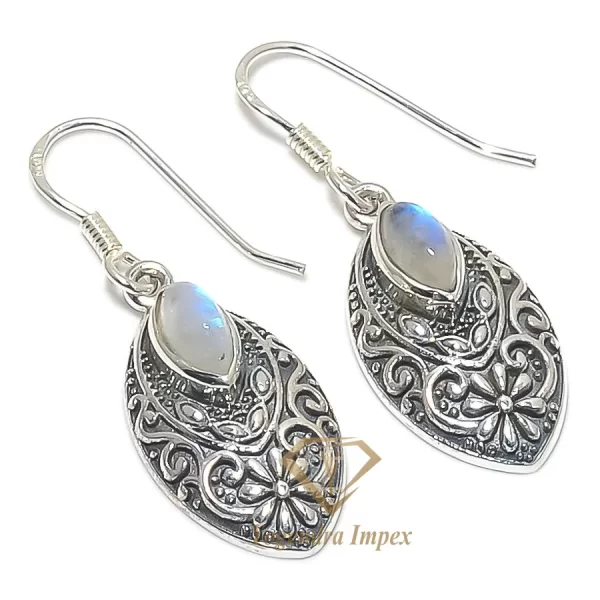 Natural Gemstone Rainbow Moonstone Marquise shaped Cabochon Cut Gemstone 925 Solid Sterling Silver Jewelry Earrings