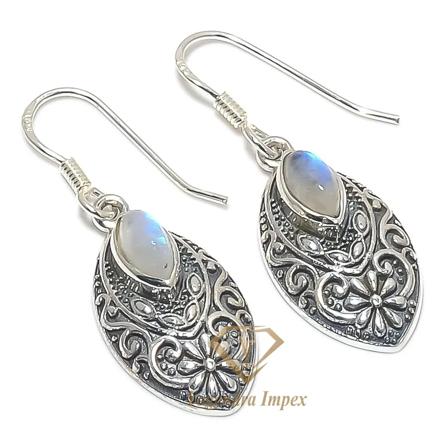 Natural Gemstone Rainbow Moonstone Marquise shaped Cabochon Cut Gemstone 925 Solid Sterling Silver Jewelry Earrings