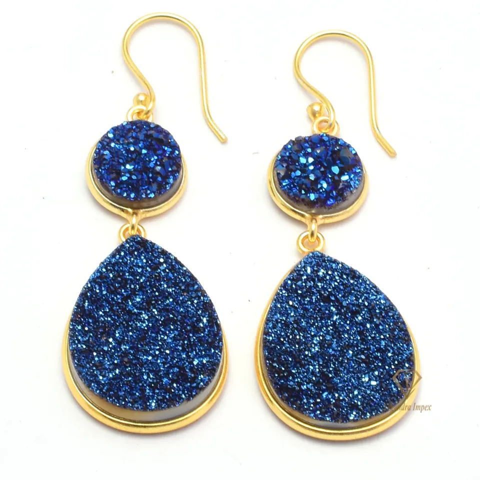 Gorgeous Blue Titanium Druzy Gemstone Drop & Dangle Earrings 925 Sterling Silver Bridesmaid Gift Earring For Wholesaler