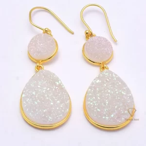 Pear Rainbow Moonstone Titanium Druzy Gemstone Dangle Earrings 925 Sterling Silver/ White Druzy Earrings For Wholesale Suppliers