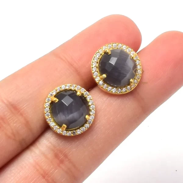 Natural Gray Monalisa Quartz Round Gemstone Earrings 925 Sterling Silver 18k Gold Plated Silver CZ Stud Earrings For Suppliers