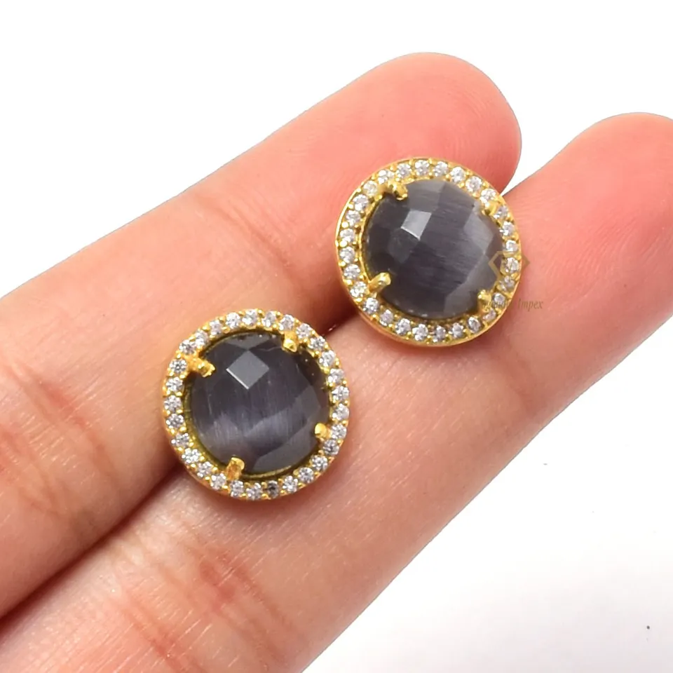 Natural Gray Monalisa Quartz Round Gemstone Earrings 925 Sterling Silver 18k Gold Plated Silver CZ Stud Earrings For Suppliers