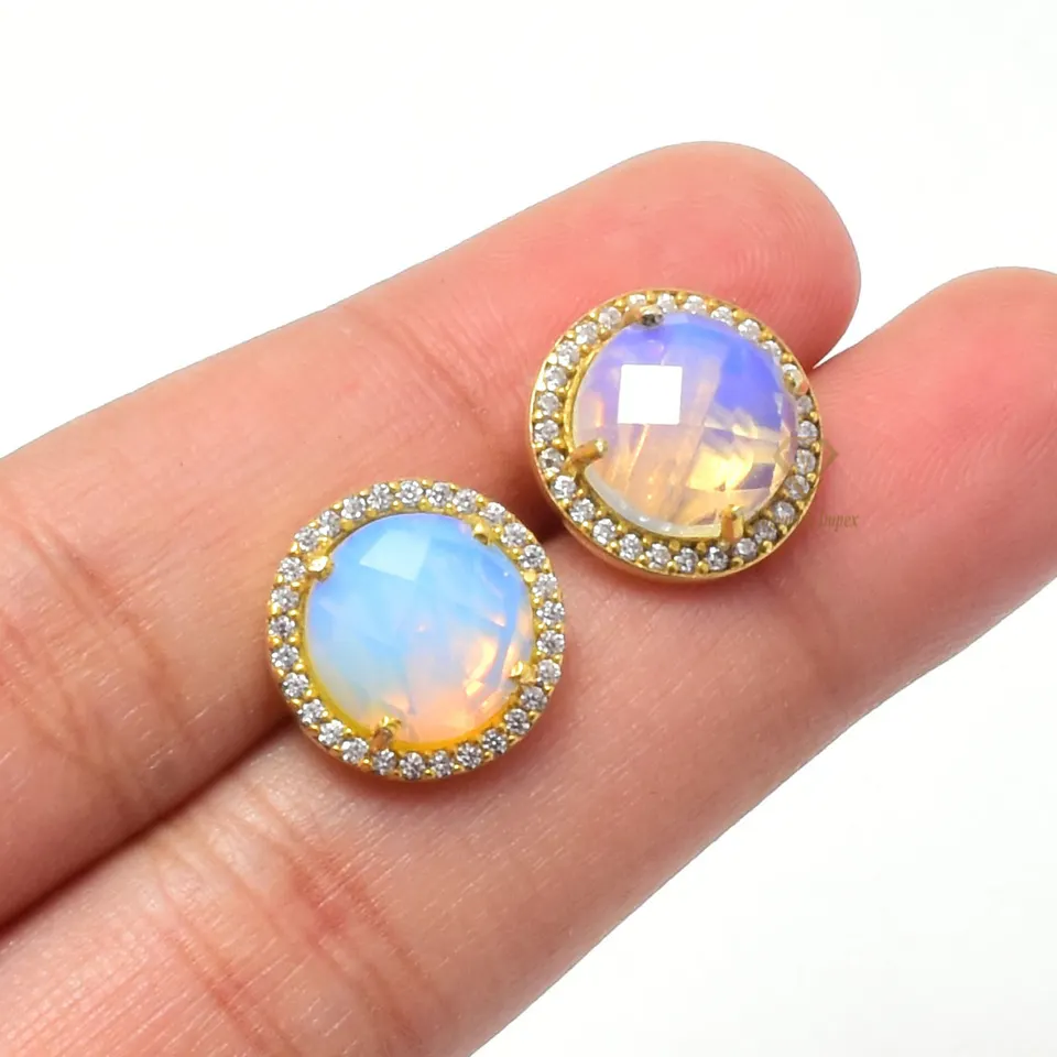 High Quality White Opalite Gemstone Stud Earrings 925 Sterling Silver Round Shape 18k Gold Plated Gift Earrings For Wholesaler