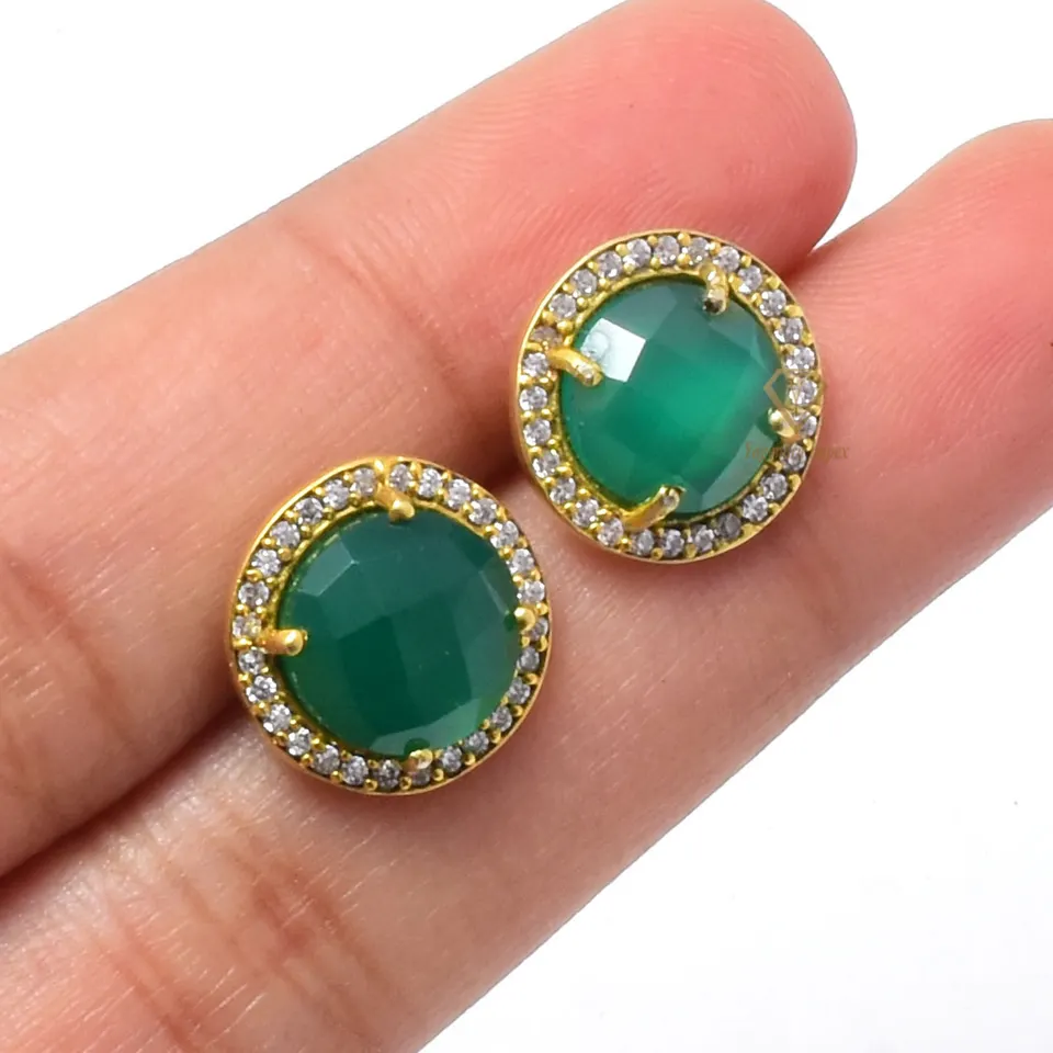 Round Green Onyx Gemstone Stud Earrings 925 Sterling Silver Dainty Green Cubic Zircon Stud Earrings For Wholesale Supplier