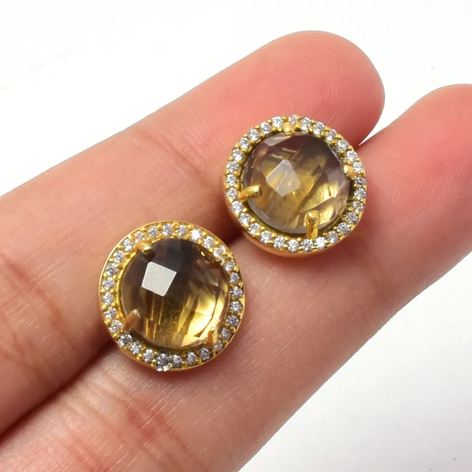 3A+ Top Smoky Quartz Gemstone Stud Earrings 925 Sterling Silver 18k Gold Plated Cubic Zircon Stud For Wholesale Suppliers