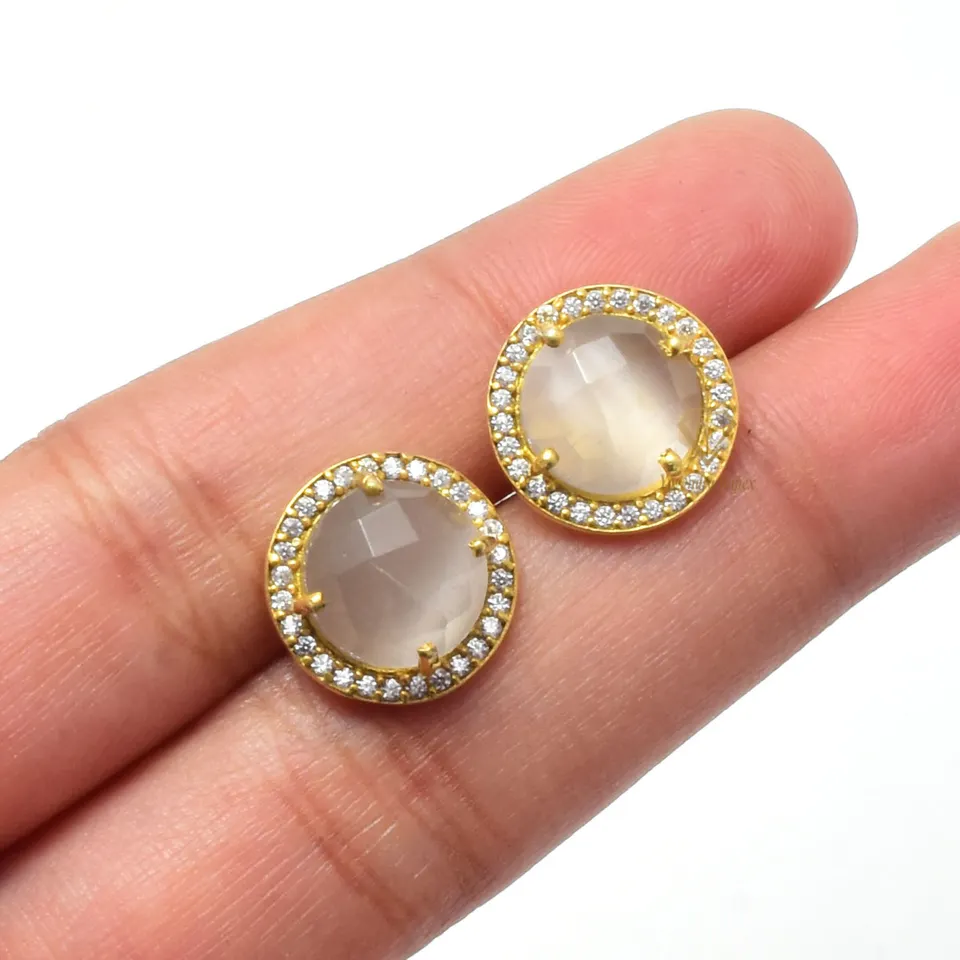 18k Gold Plated Natural White Monalisa Quartz Stud Earring CZ 925 Sterling Silver Wedding Stud Earrings For Wholesale Suppliers