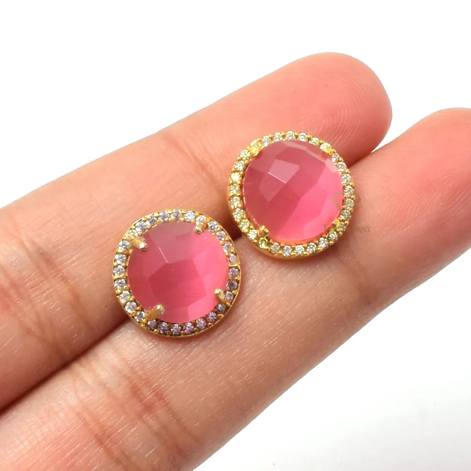 Elegant Natural Pink Monalisa Quartz Gemstone Sterling Silver Stud Earrings Nice Dark Ruby Bridal Stud Earrings For Wholesaler