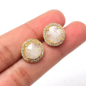 Elegant Rainbow Moonstone Gemstone Stud Earrings 925 Sterling Silver Cubic Zircon Everyday Gift Earrings For Wholesale Supplier