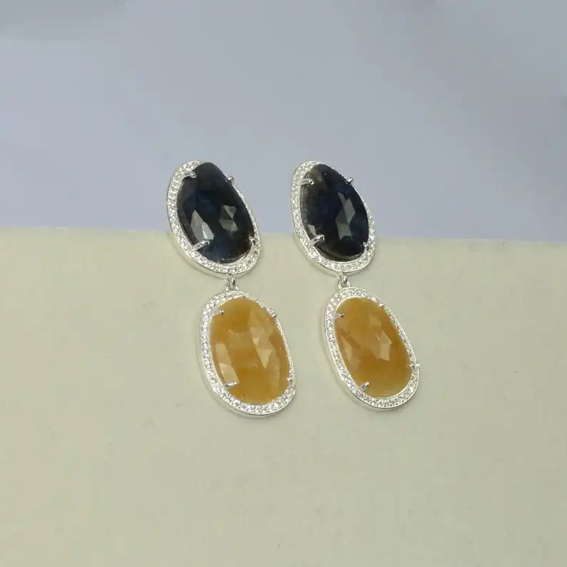 Natural Blue & Yellow Sapphire Gemstone Earrings,925 Sterling Long Silver Wedding Earrings For Wholesale Suppliers