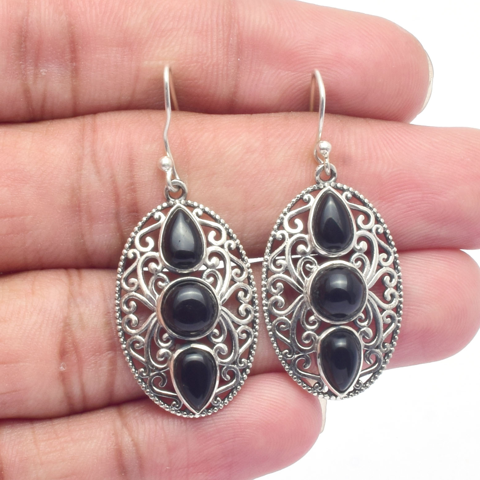 Pear & Round Cut Natural Black Onyx Gemstone 925 Sterling Silver Hook Earrings Handmade Bezel Set Drop Earring Jewelry For Women