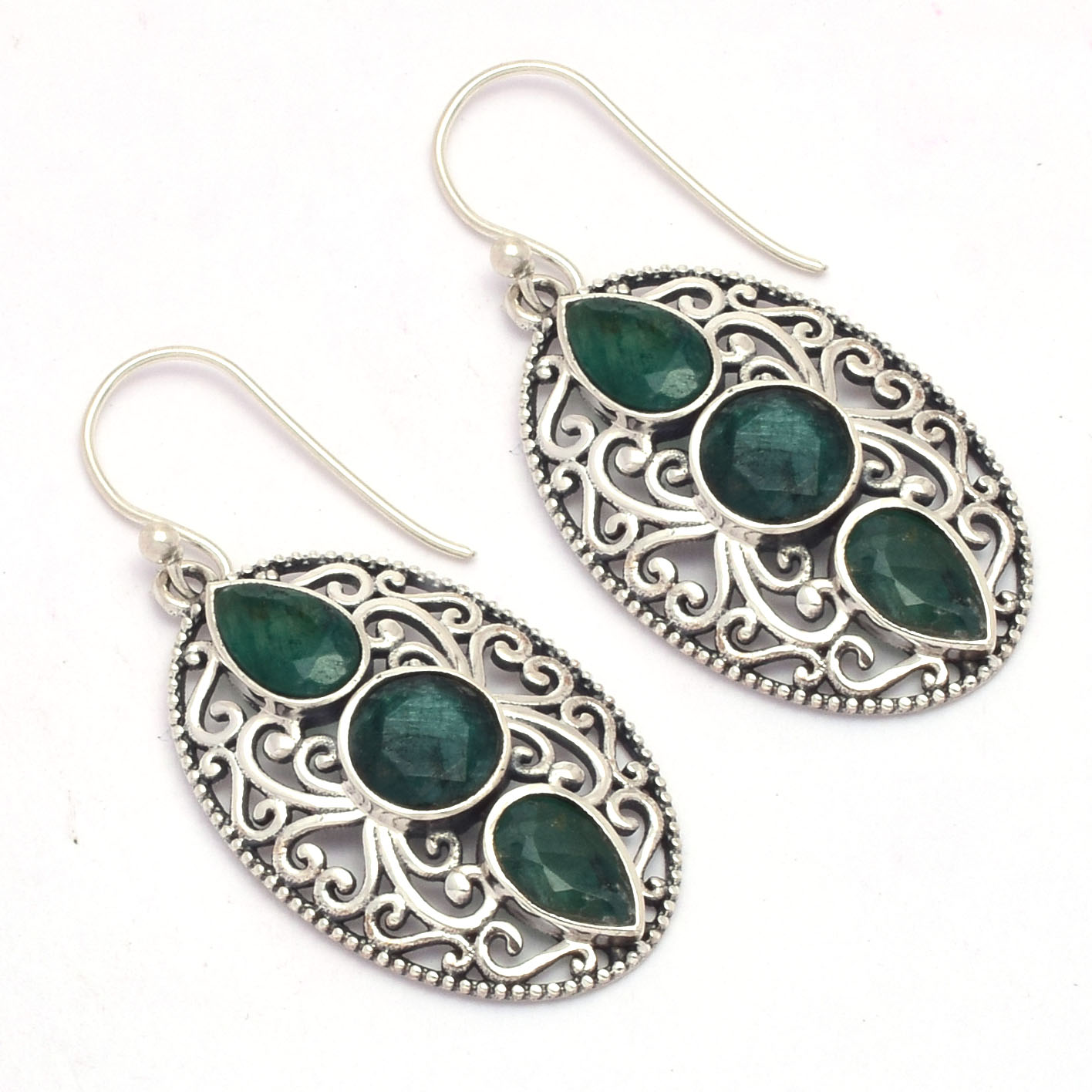 pear & round Emerald Gemstone 925 Sterling Solid Silver Earring Handmade Bezel Silver Hook Earring For Manufacturer & Suppliers