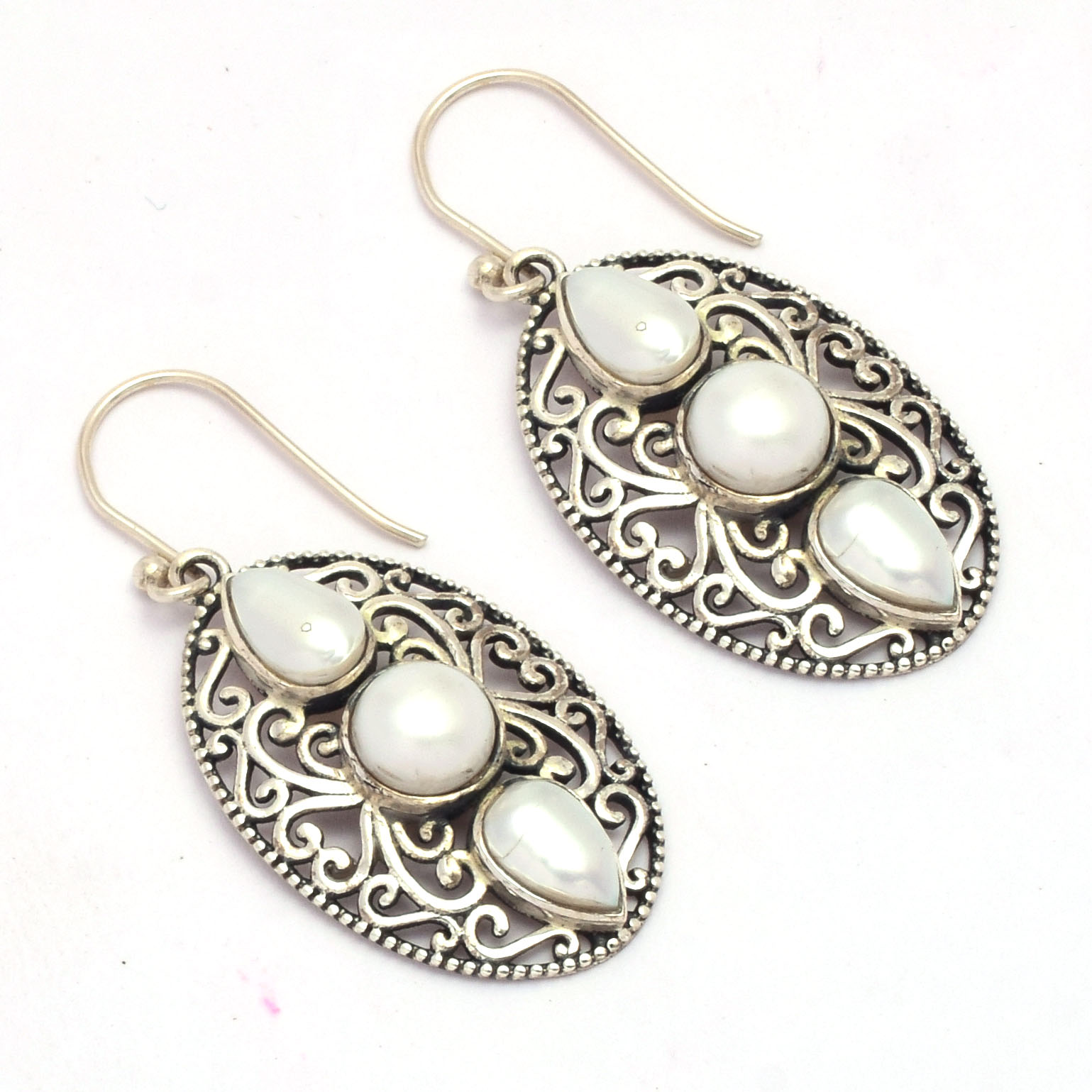 New Arrival Pearl Gemstone 925 solid Sterling Silver Drop & Dangle Earring silver Plated Round & Pear Shape Boho Earrings