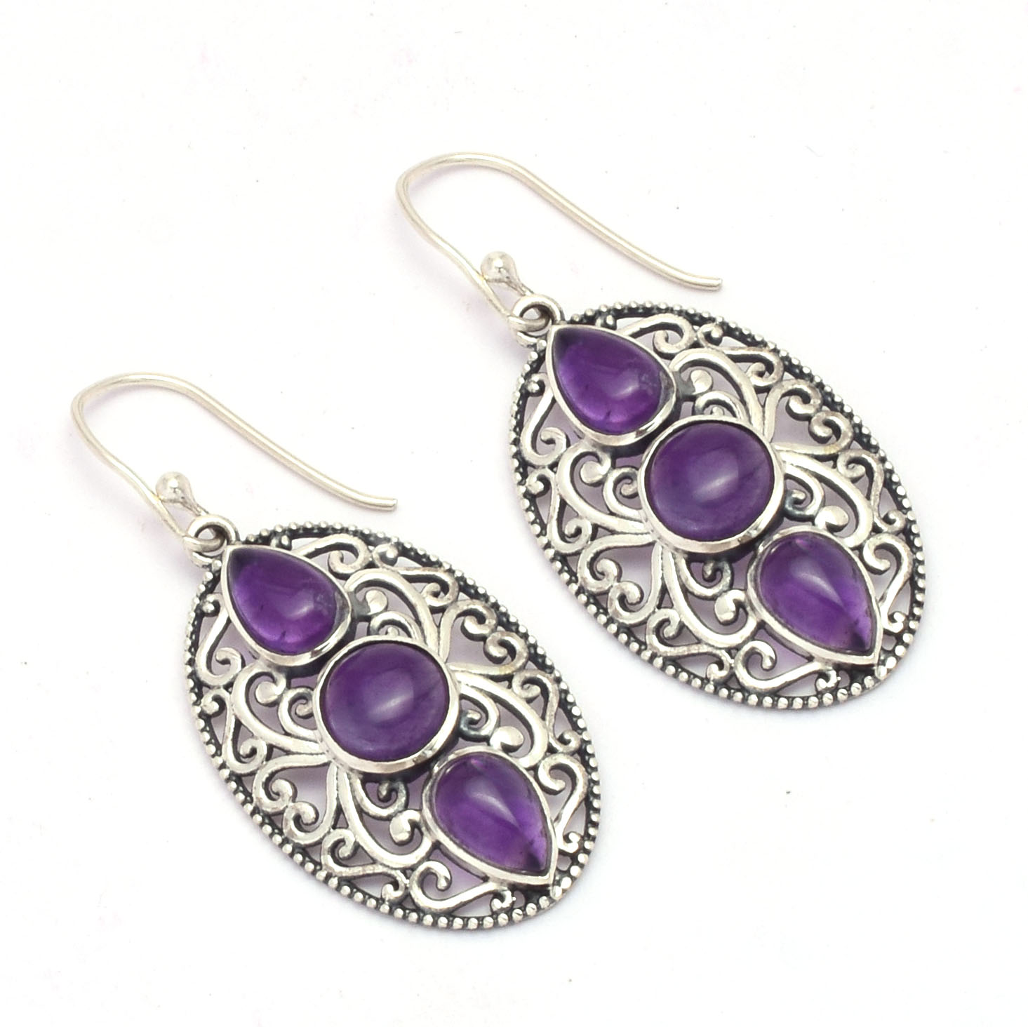 Amethyst Gemstone Round & Pear shape 925 solid Sterling Silver Bezel Set Drop Earrings Stones drop & Dangling Earrings