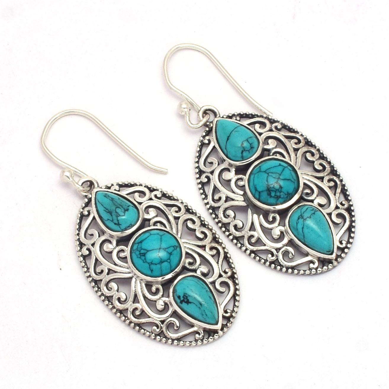 925 solid sterling Silver round & Pear Cut Bezel Setting Turquoise Gemstone Semiprecious fine jewellery Earrings