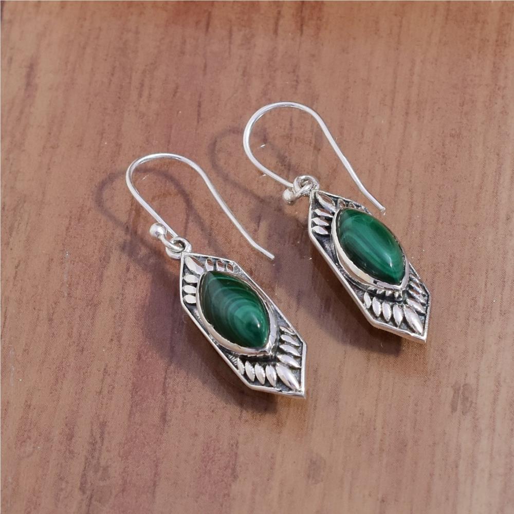 hoop earrings for women elegant fashion gemstone hanging marquise shape Emerald hook earrings silver plated bezel set