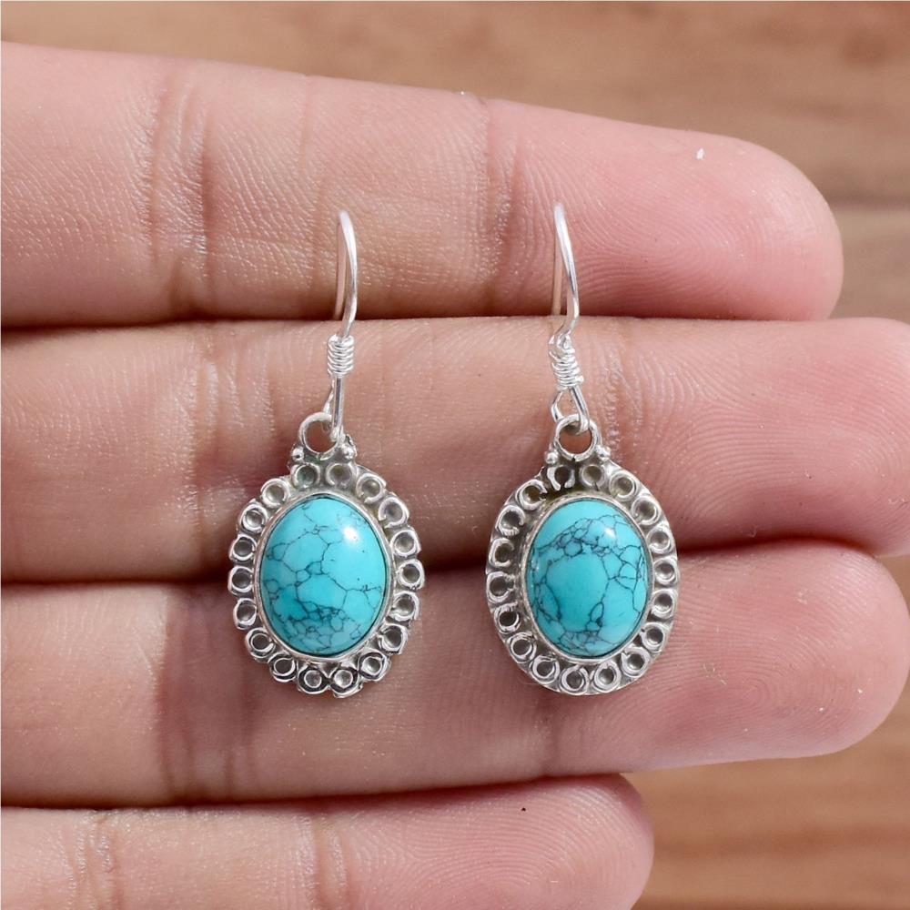 Elegant Natural Turquoise Gemstone 925 Sterling Silver Drop & Dangle Earrings, Handmade Hook Earring For Supplier & Manufacturer