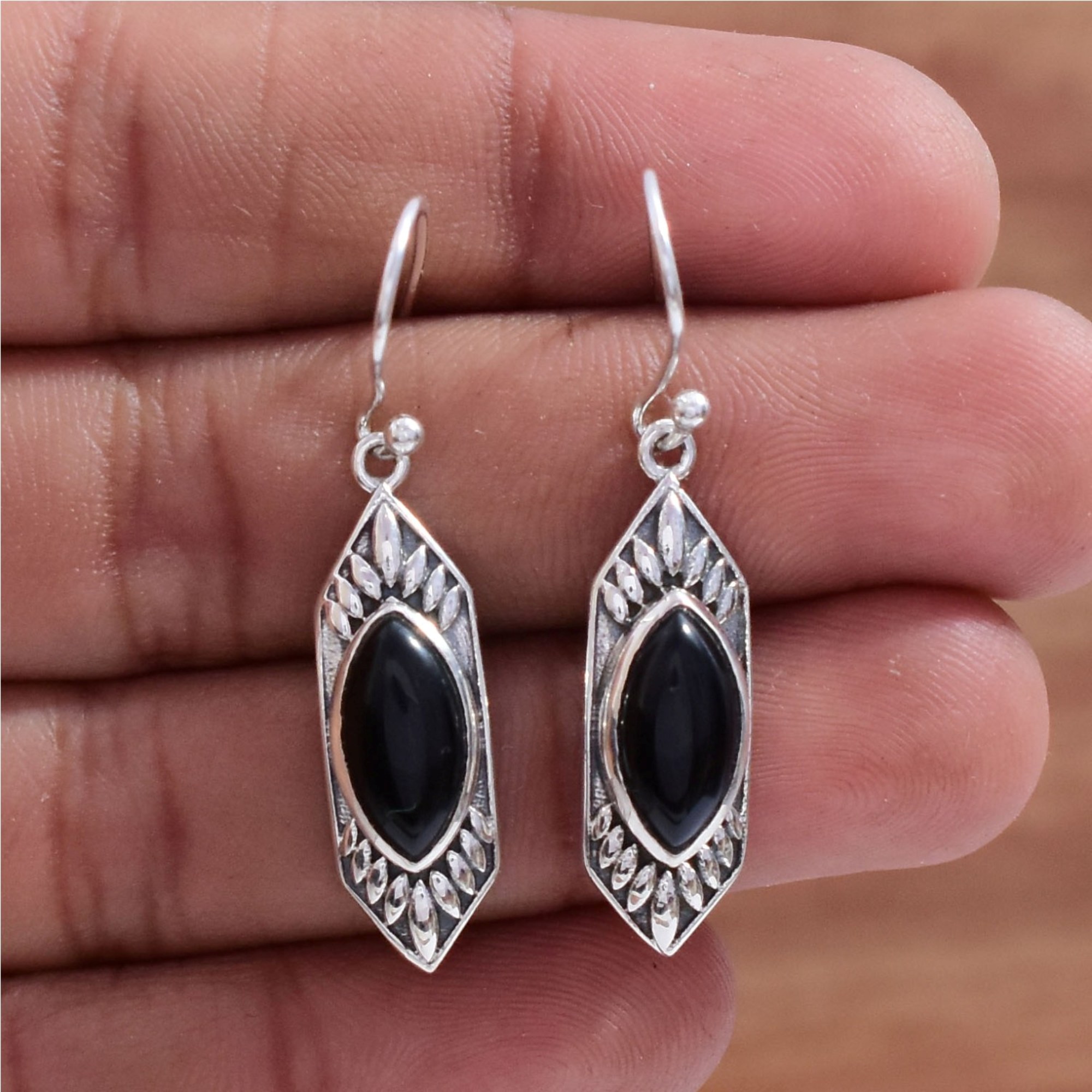 Top Quality Natural Black Onyx Gemstone Drop & Dangle Earring, 925 Sterling Silver Marquise Shape Boho Earrings Jewelry Supplies