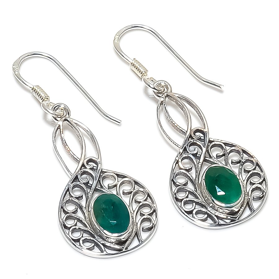 Green Onyx gemstone earring natural stone hook drop dangle earrings nature 925 sterling silver handmade earrings