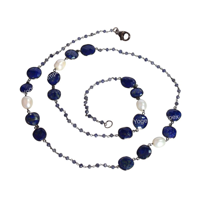 Natural Lapis & Pearl With Iolite Beads Gemstone Necklace, Black Rhodium Plated Silver Necklace Jewelry For Wholesale Supplies