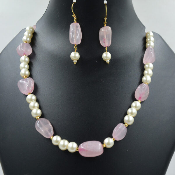 Shell Pearl 10mm With Rose Quartz Tumble Necklace 925 Sterling Silver