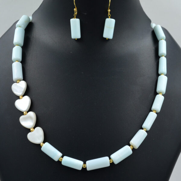 Shell Pearl Heart With Amazonite Tube Necklace 925 Sterling Silver