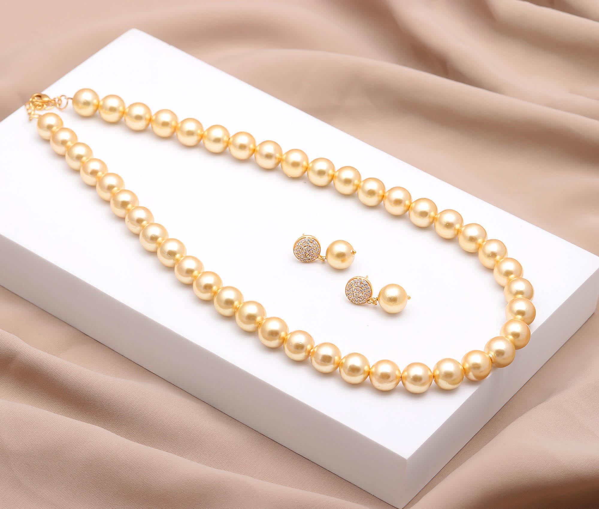 Gold Pearl 12mm Round Necklace 925 Sterling Silver Necklace