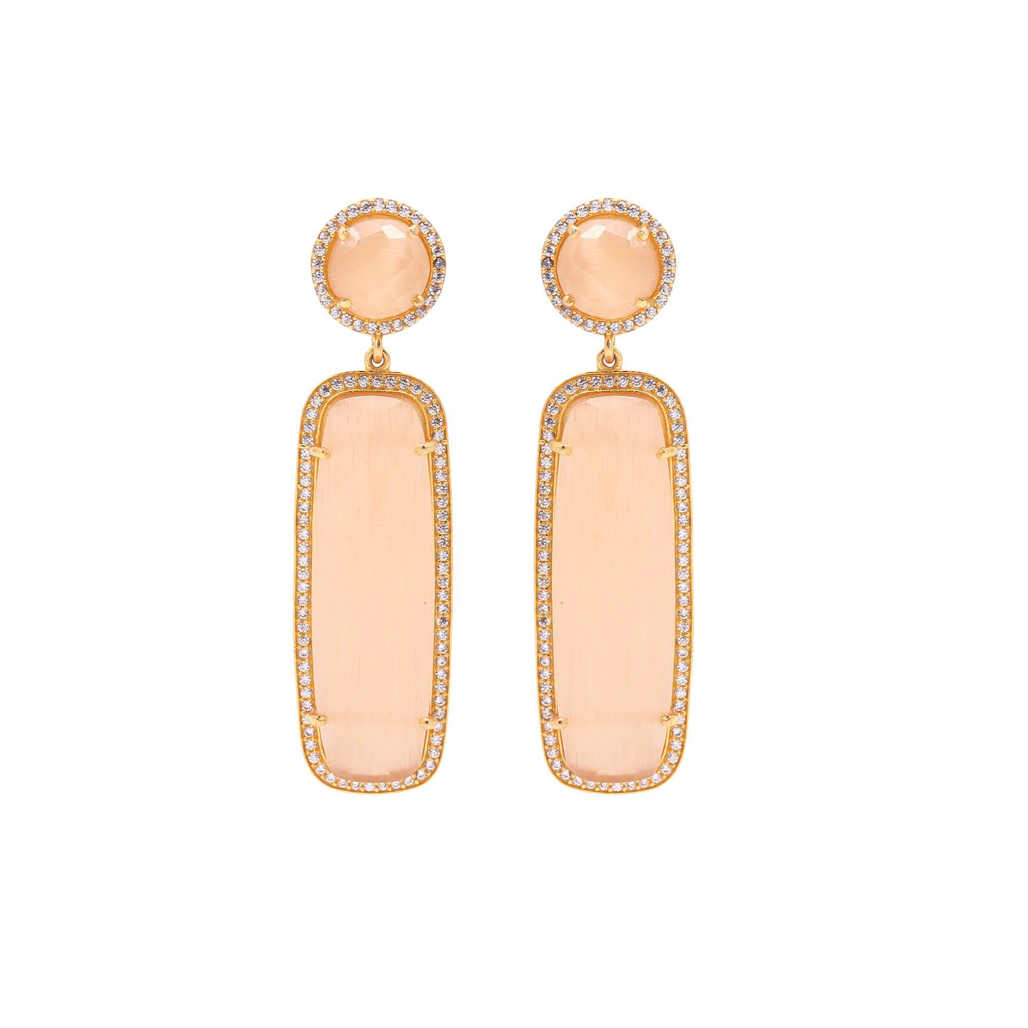 Peach Monalisa Rectangle With CZ 925 Sterling Silver Earring